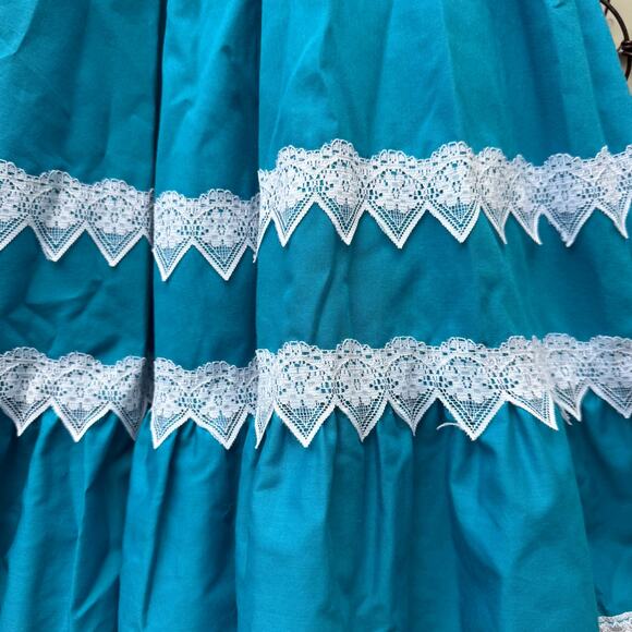 Vintage 80s Malco Modes Teal White Lace Ruffle Circle Skirt Square Dance LARGE - Picture 2 of 9